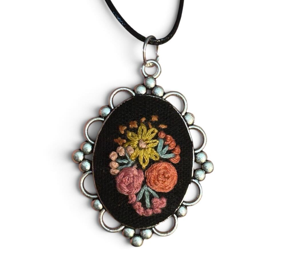 Handmade Pink & Yellow Rose & Floral Embroidery Pendant